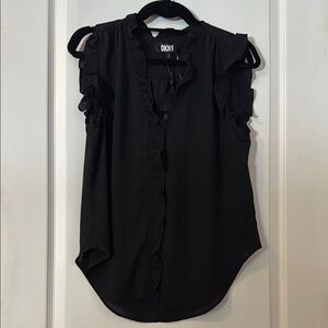 DKNY Black Flutter Sleeve Ruffled Blouse
